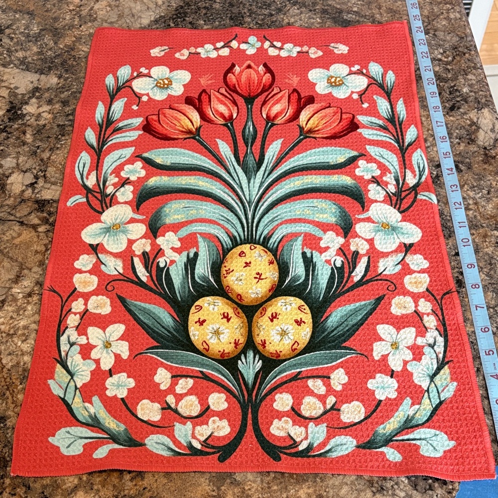 3/$10 Floral Red Decorative Towel with Tulip Motif